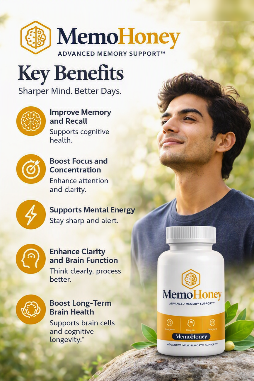 MemoHoney key benefits artwork — memory, focus, mental energy, clarity and long-term brain health