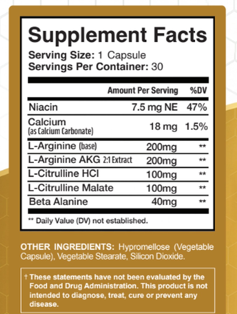 MemoHoney Supplement Facts panel showing all seven ingredients and doses per capsule